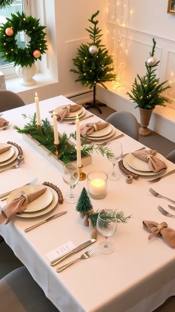 Modern Christmas table setting with white tablecloth, elegant dinnerware, candles, and fairy lights.